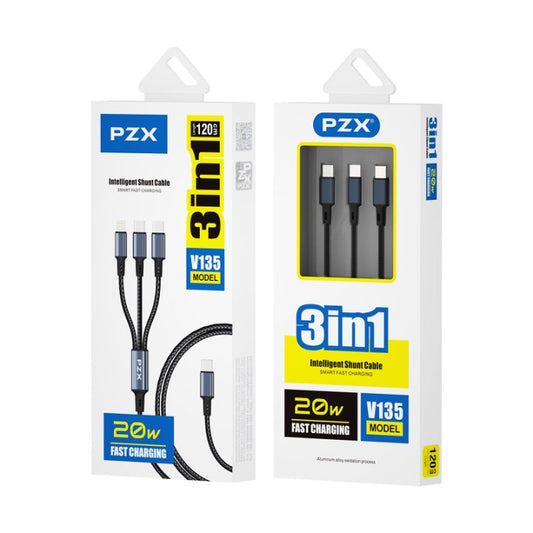PZX V135 3-in-1 Charging Cable – Type-C + Micro + Lightning | 20W, 1200mm